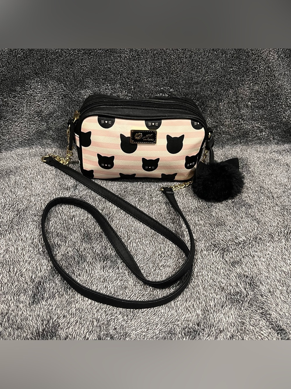 Luv Betsey by Betsey Johnson pink and black striped cat crossbody bag